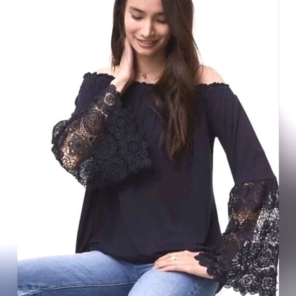 LOFT Navy Blue Lace Trimmed Bell Sleeve Off The Shoulder Blouse Size Medium - Picture 2 of 12